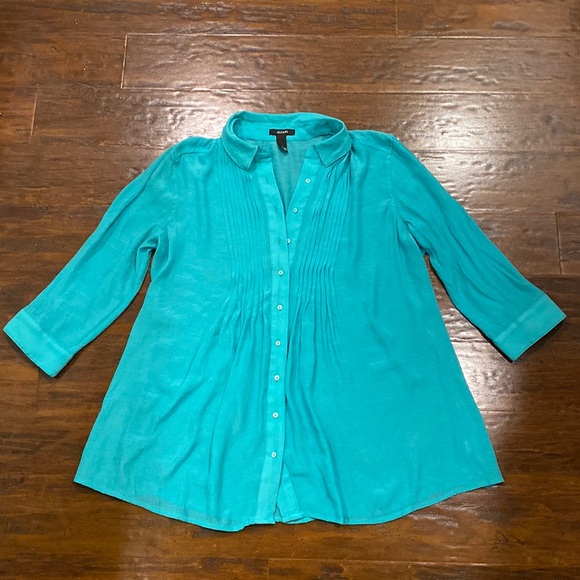 Alfani Turquoise Pleated Collared Button Down Blouse w/Quarter Sleeve Sz L - Picture 2 of 7
